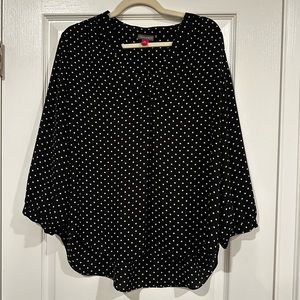 Vince Camuto V Neck Blouse Black with White Polka Dots Size XL